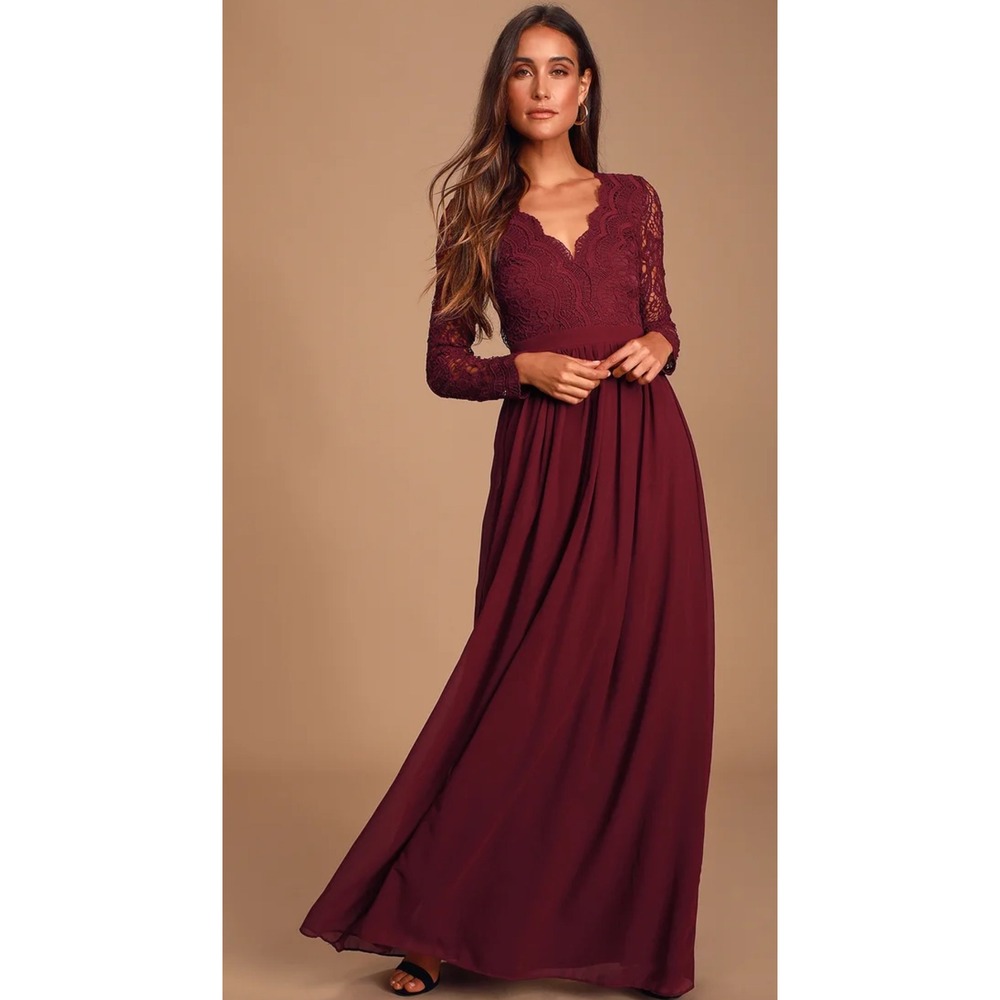 Lulus Awaken My Love Burgundy Long Sleeve Lace Maxi Dress Size L‎
